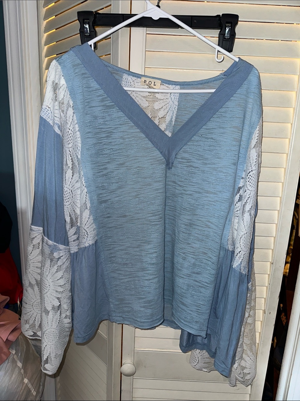 POL Light Blue V-Neck Lace-Inset Pullover